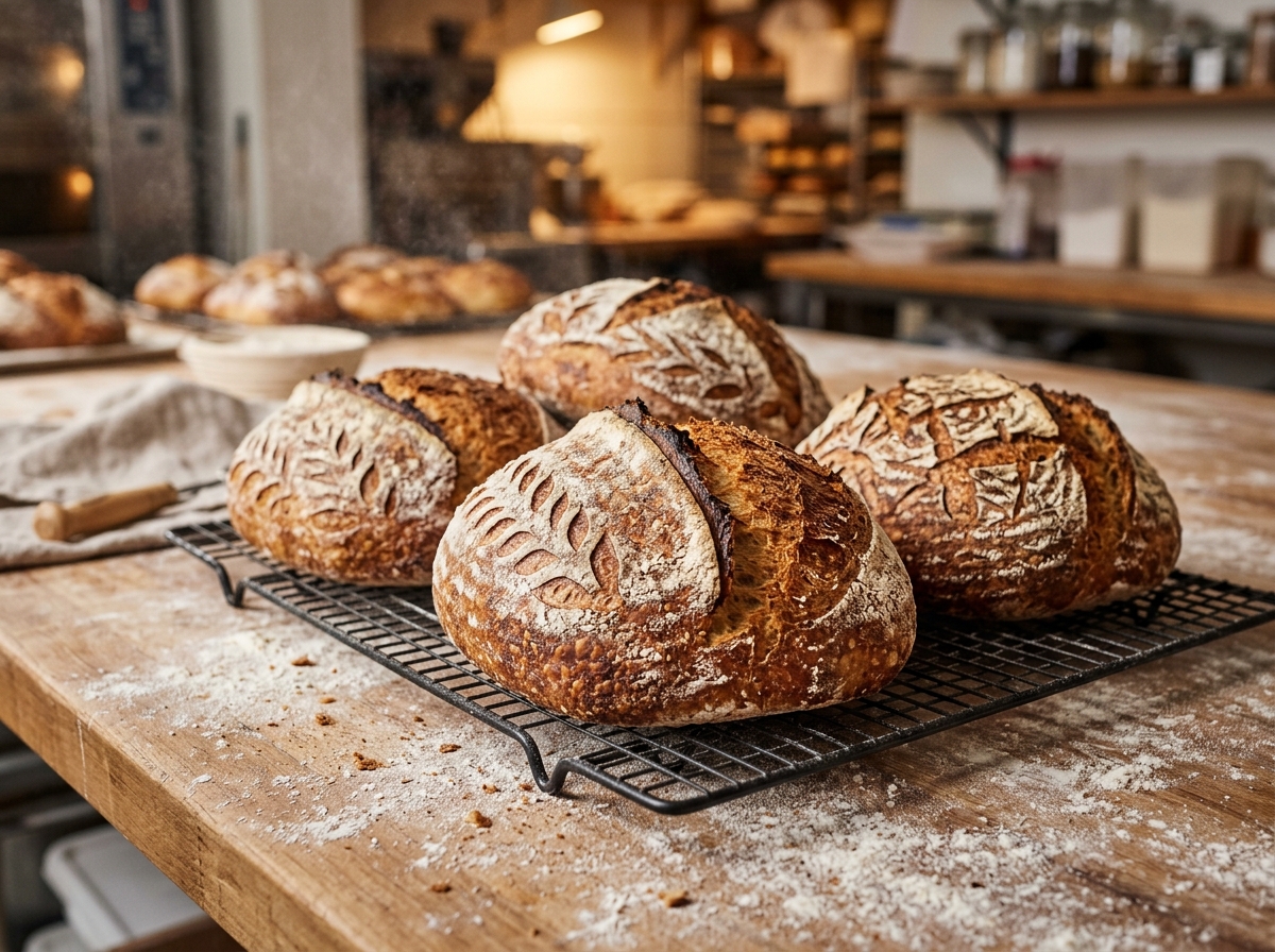 Scored sourdough loaves cooling on a wire rack