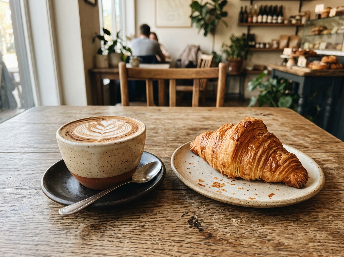 Latte art coffee paired with a fresh croissant