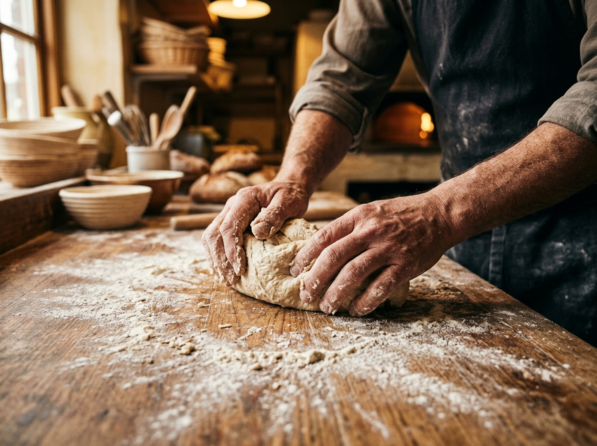 Baker kneading artisan dough by hand